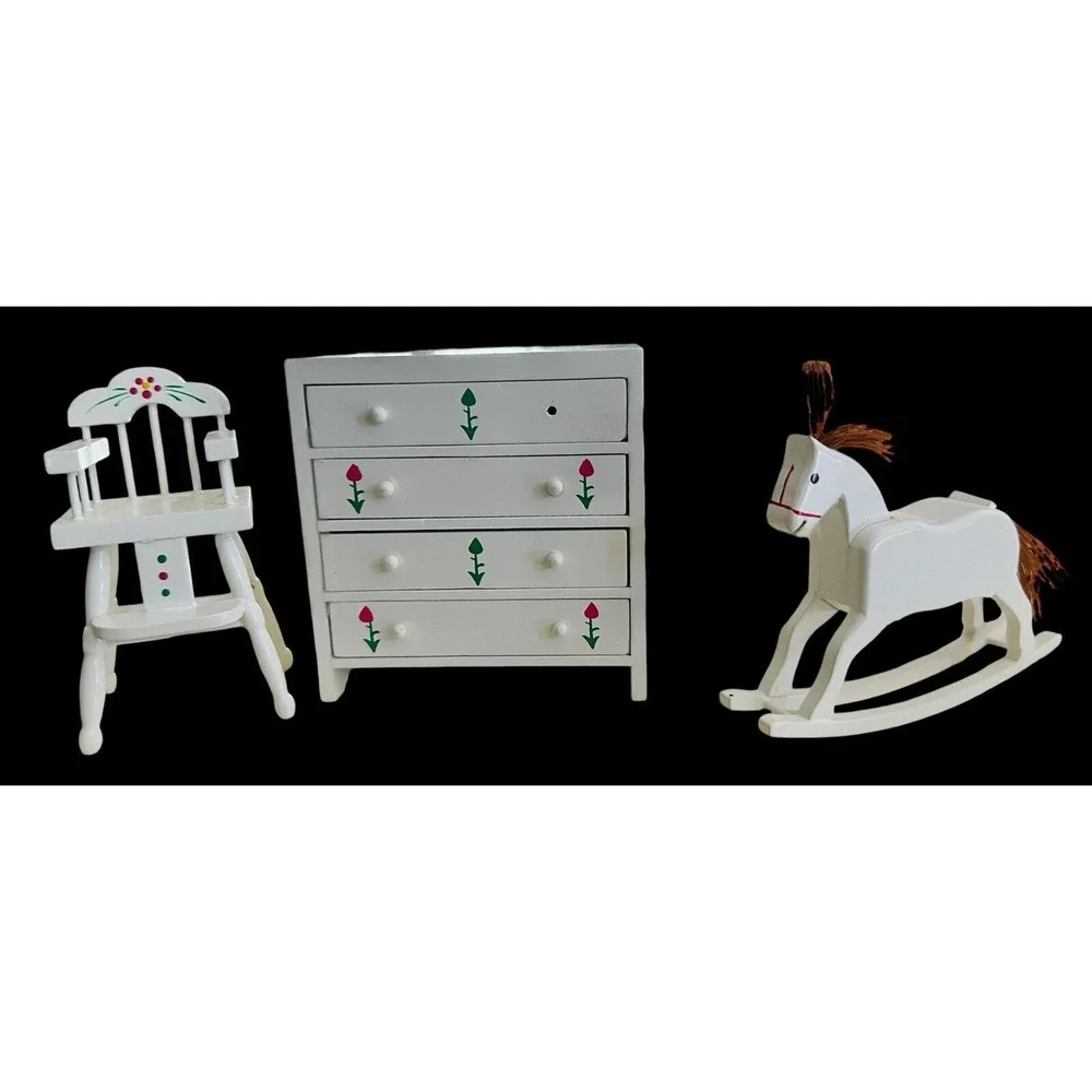 Dollhouse Set Miniature White Drawer Chest High Chair Rock Horse 1:12~‎ 1